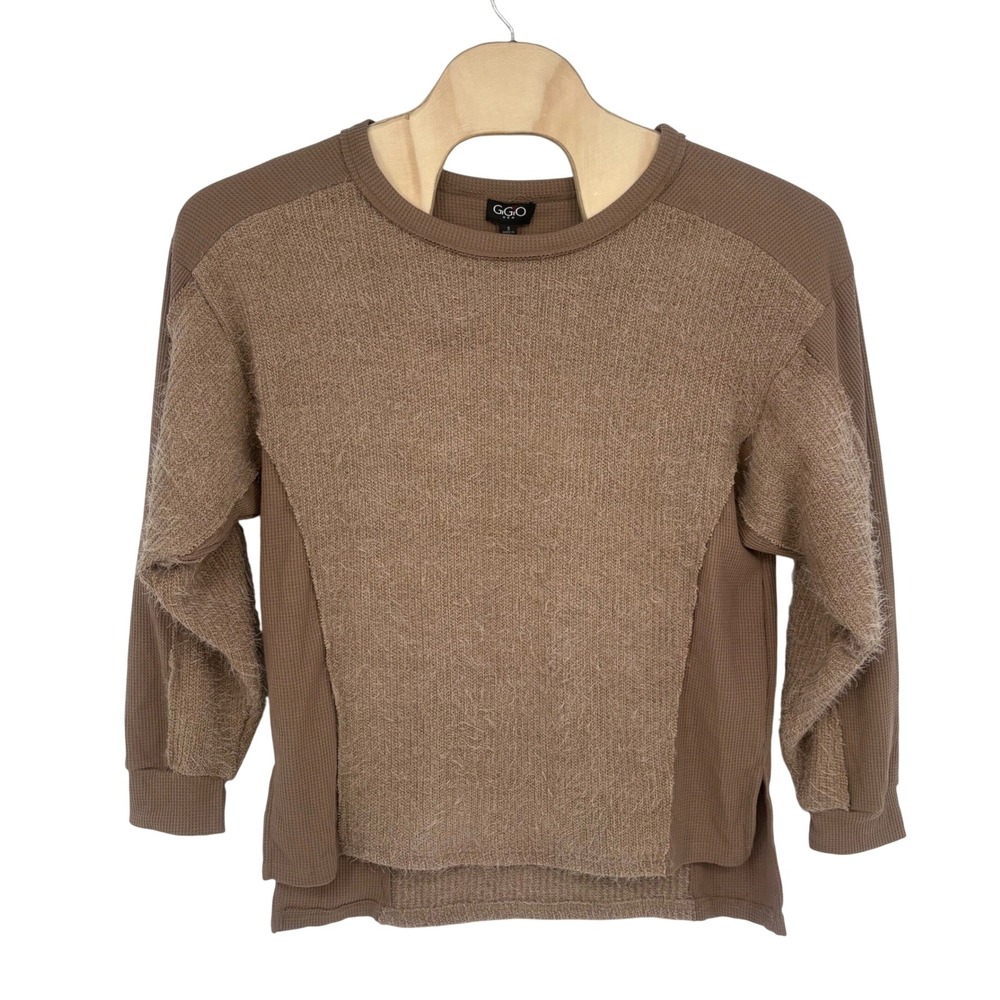 GiGiO Waffle Eyelash Knit Sweater Small Brown Mixed Media High-Low Fall NEW